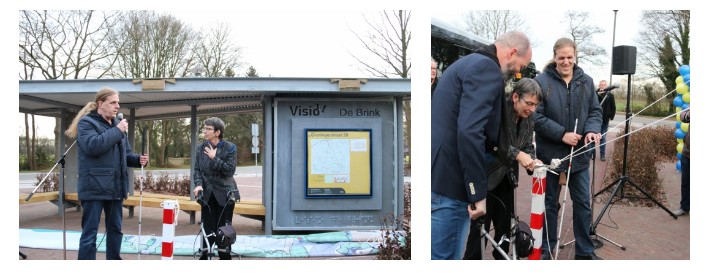 Jetta Klijnsma opent de nieuwe en toegankelijke ov-halte bij Visio De Brink samen met Gijs Hulscher, blind, busreiziger en receptionist bij De Brink Jetta Klijnsma opent de nieuwe en toegankelijke ov-halte bij Visio De Brink samen met Gijs Hulscher, blind, busreiziger en receptionist bij De Brink