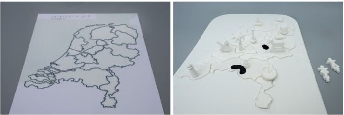 Werkblad (links) en bord van Nederland (rechts) uit Waar ben ik?