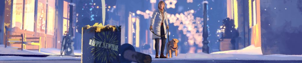 Een vrouw met hond buiten in winters tafereel