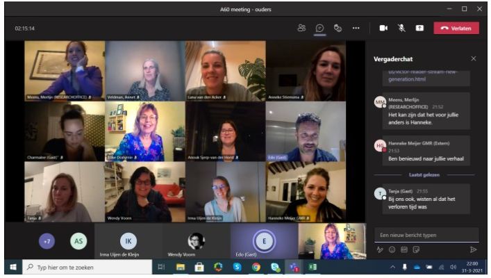 Screenshot van Teams-meeting met ouders Screenshot van Teams-meeting met ouders